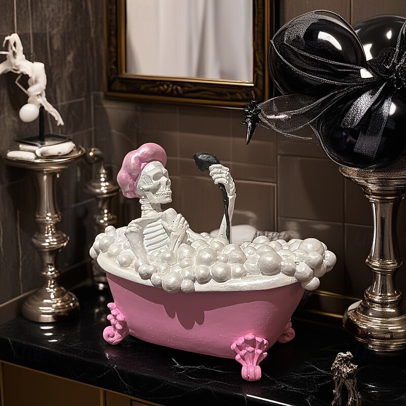 Bathing Pink Bathtub Skeleton Character Statue Resin Gothic Skull Sculpture with Bubble Bath Ornament for Bathroom Home Office Desk Decoration
