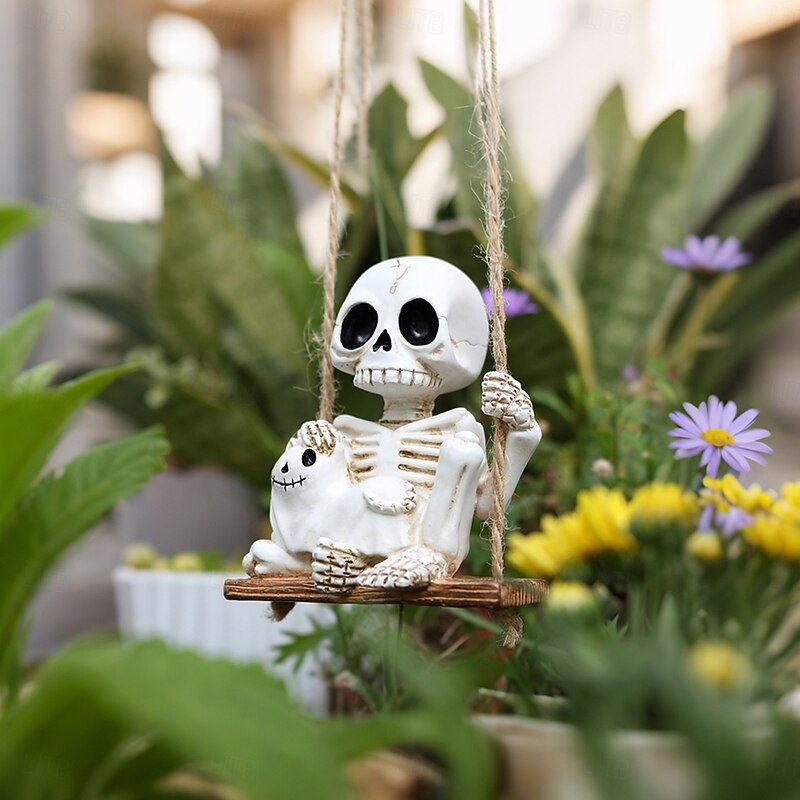 Halloween Skeleton with Cat on Swing Resin Hanging Decor, Spooky Outdoor Yard Planter and Indoor Home Decoration, Halloween Tree Ornament3