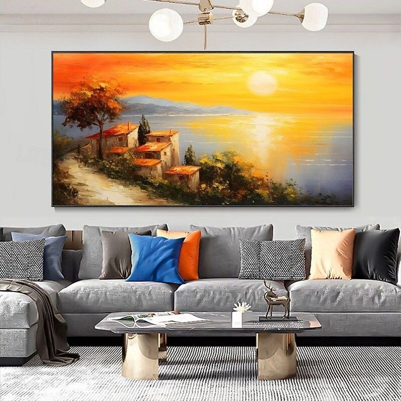 Handmade Oil Painting Canvas Wall Art Decoration Sunset Village Seaside Town Ocean Landscape Texture Abstract Orange Sky Knife Painting for Home Decor Rolled Frameless Unstretched Painting