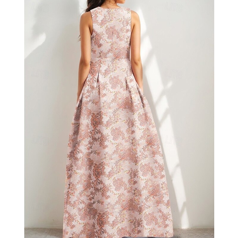 A-Line Evening Gown Brocade Jacquard Elegant Dress Formal Wedding Floor Length Sleeveless V Neck with Slit Wedding Guest Dress2