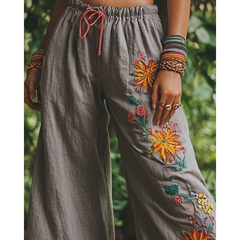 Women's Wide Leg Pants Trousers Palazzo Pants Casual Boho Full Length High Waist Flower Elastic Waist Drawstring Print Breathability Comfortable Street Daily Wear Going out Gray Spring Fall Regular2