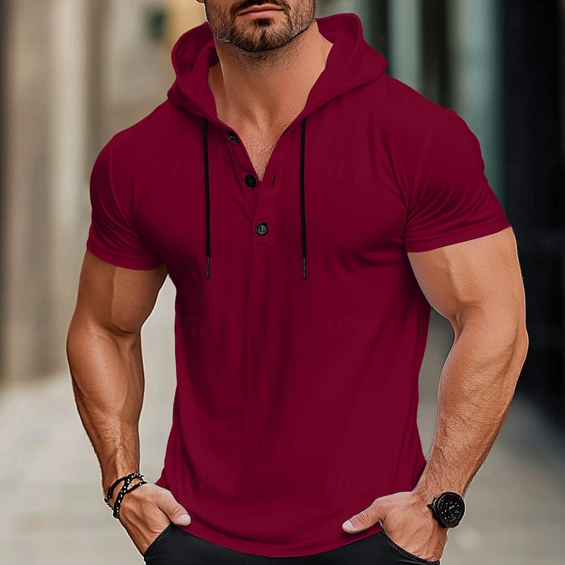 Men's T Shirt Tee Top Short Sleeves Hoodie Hooded Summer All Seasons Solid Color Fashion Designer Sporty Drawstring Basic Hooded Street Casual Going out Black White Red Top Tee for Men