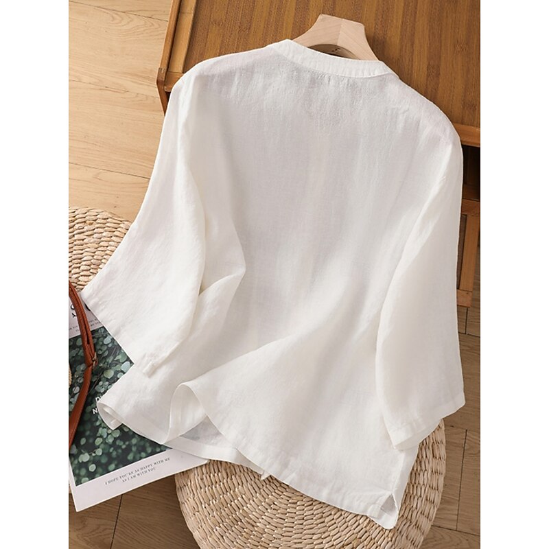 Women's Cotton Linen Shirts Solid Color Basic Casual 3/4 Length Sleeve Crew Neck Regular Tops Daily Pocket Buttons White Wine Green Khaki Summer Spring Fall3
