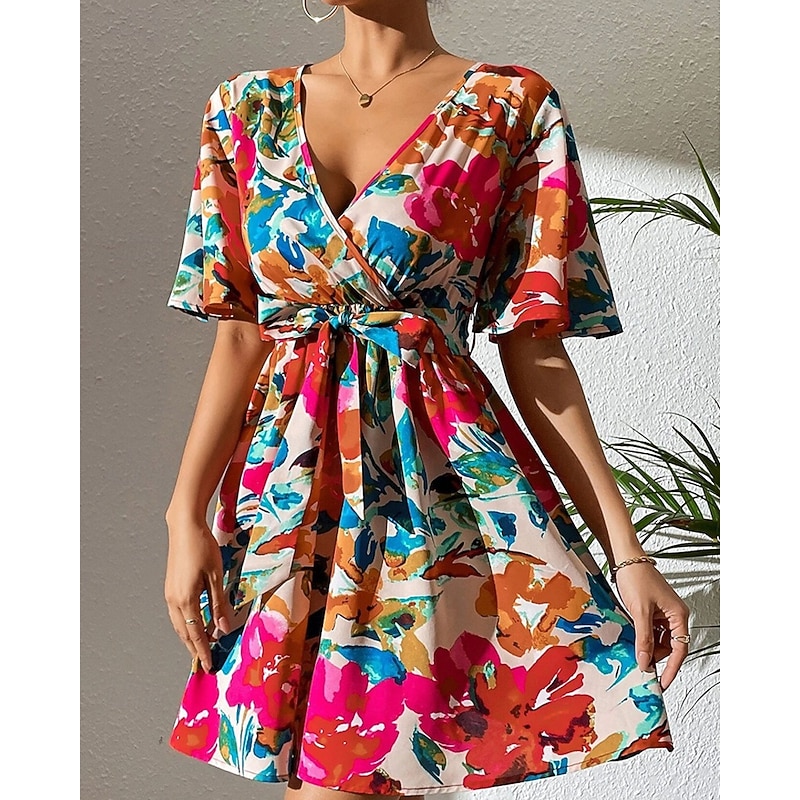 Women's Mini Dress Casual Dress Summer Dress Fashion Outdoor Party Holiday Regular Fit Flower Short Sleeve V Neck Red Summer3