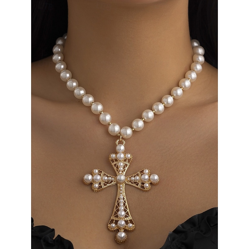 Women's Baroque Pearl and Beaded Cross Pendant Necklaces - Multiple Style Options for Elegant Gothic and Vintage Looks, Perfect for Parties and Special Occasions3