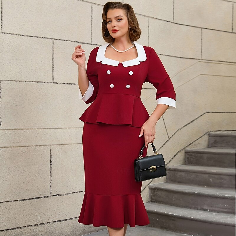 Retro Vintage 1950s 1960s Midi Pencil Skirt Two Piece Set Peplum Top Plus Size Fit and Flare Fancy Dress Women's Formal Party & Evening Retro Theme Party Adults' Dress All Seasons