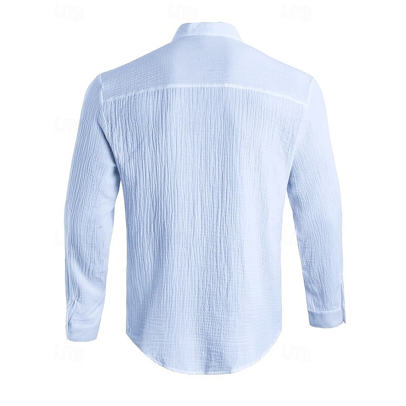 Men's Shirt Summer Shirt Casual Shirt Beach Shirt Button Up Shirt Black White Light Grey Light Blue Long Sleeve Plain Band Collar Vacation Hawaiian Clothing Apparel Polyester Fashion Casual4