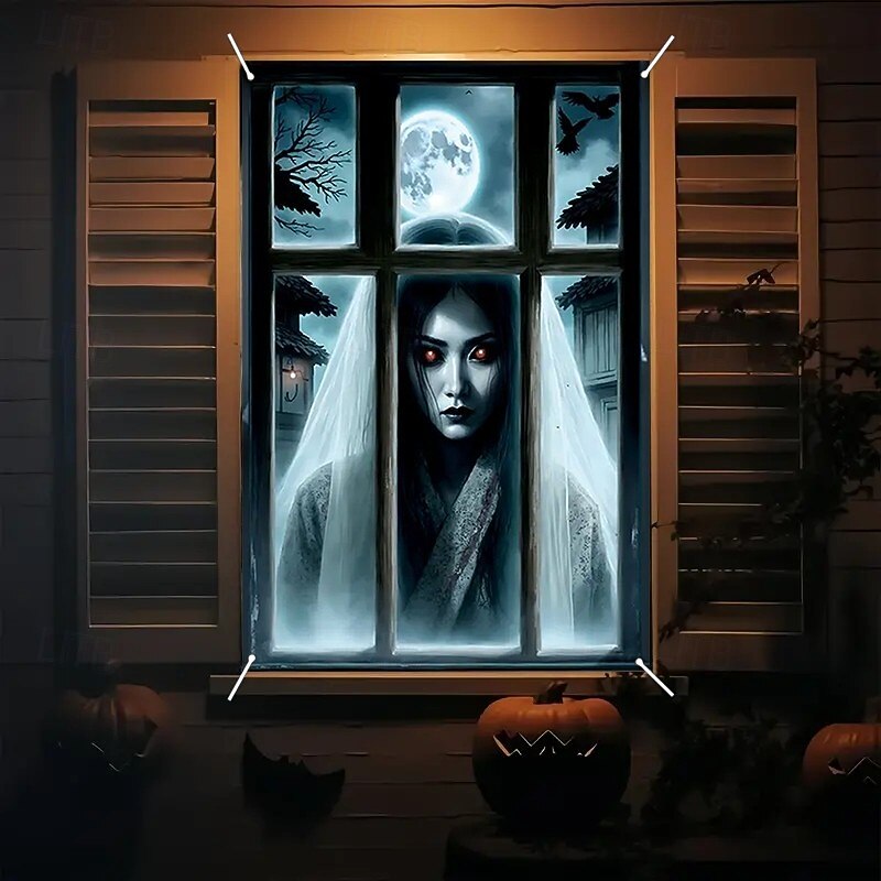 Halloween Window Curtain Creepy Ghost Woman Behind Frosted Glass, Horror Door Cover, Window cover,  Wall Tapestry for 2025 Halloween Haunted House Spooky Home Decoration3