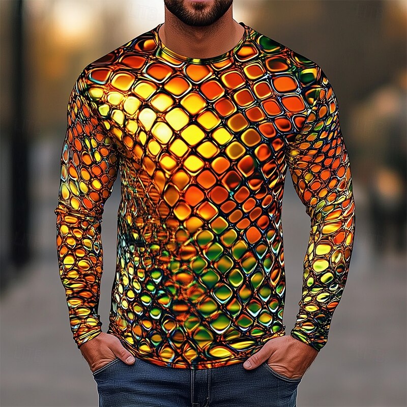 Men's Geometric Abstract 3D T Shirt Long Sleeve T shirt 3D Print Crew Neck Shirt Fashion Exaggerated Street Casual Daily Colorful Orange Summer Spring Fall Clothing Apparel S M L XL XXL XXXL2