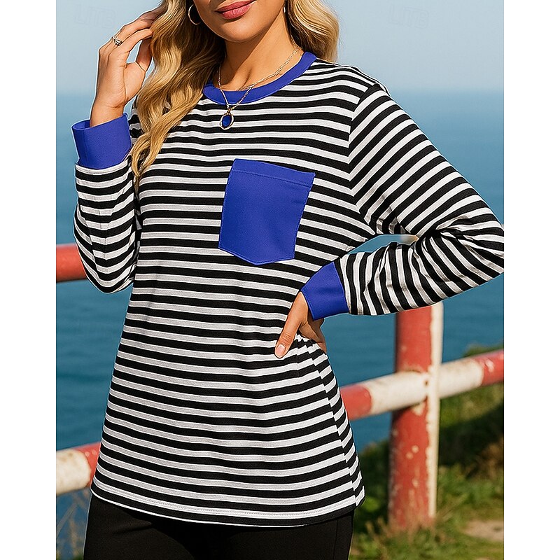 Women's Pullover Sweatshirt Casual Tops Pocket Long Sleeve Top Athleisure Fall Stripes Fashion Outdoor Jogging Running Sportswear Activewear Pink Red Royal Blue