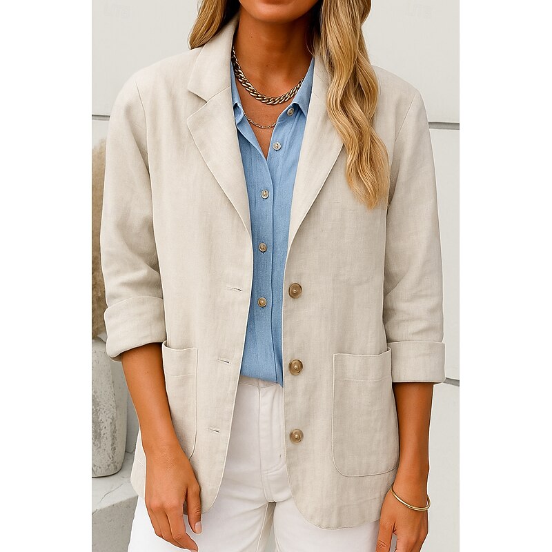 Women's Blazer Comfortable Breathable Pocket Buttons Casual Plain Office Street Casual Daily Wear Single Breasted Regular Turndown Loose Fit Long Sleeve Outerwear Navy Beige Summer Fall