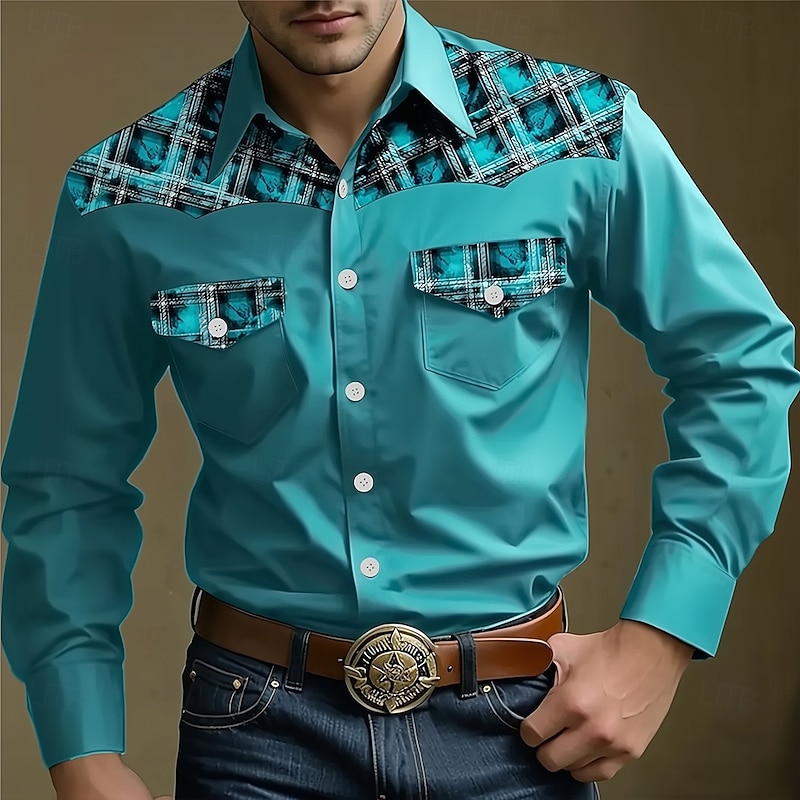 Men's Geometric Grid / Plaid Western Shirt Button Up Shirt Cowboy Shirt Long Sleeve Western Vintage Retro Outdoor Casual Summer Spring Fall Turndown Collared Shirts Front Two Pockets Blue