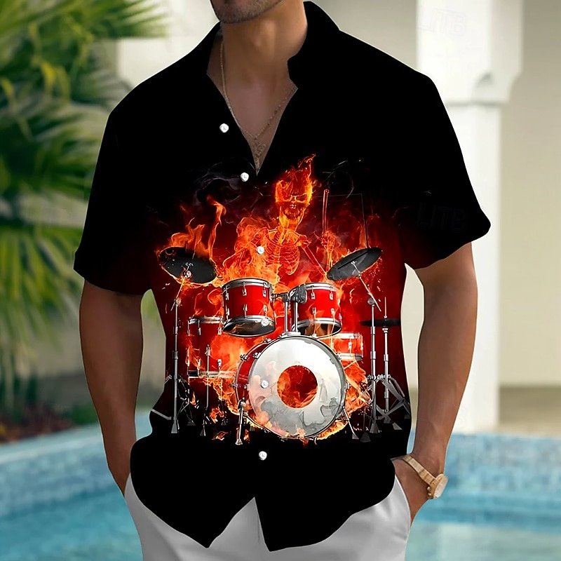Men's Boardmasters Flame Musical Instrument Shirt Summer Shirt Button Up Shirt Short Sleeve Fashion Casual Outdoor Vacation Dailywear Summer Spring Turndown 3D Print Collared Shirts Front One Pocket