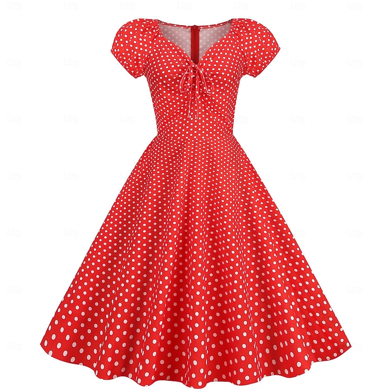 Retro Vintage 1950s Rockabilly Swing Dress Flare Dress Fit and Flare Polka Dot V Neck Fancy Dress Women's Halloween Carnival Vacation Casual Daily Retro Theme Party Adults Dress Spring & Summer