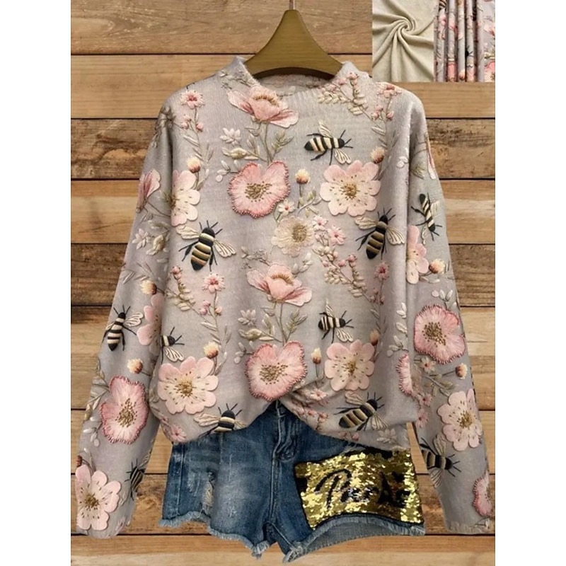 Women's Sweater Casual Soft Floral Graphic Animal Ribbed Crew Neck Knitted Print Long Sleeve Regular Tops Knit Outdoor Daily Weekend Yellow Blue Fall Winter