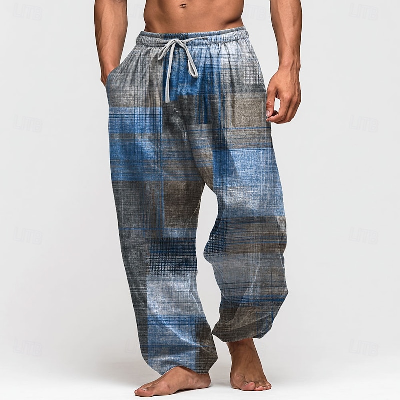 Men's Color Block Patchwork Trousers Baggy Pants Casual Pants Mid Waist Vintage Outdoor Vacation Elastic Drawstring Waist Linen-Like Pants with Pockets Summer Spring Fall 3D Print Red Blue Green4