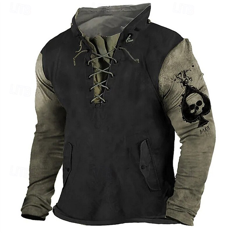 Men's Hoodie Black Army Green Brown Green Hooded Skull Lace up Patchwork Print Sports & Outdoor Daily Holiday Polyester Streetwear Basic Casual Spring Fall Clothing Apparel Hoodies Sweatshirts4