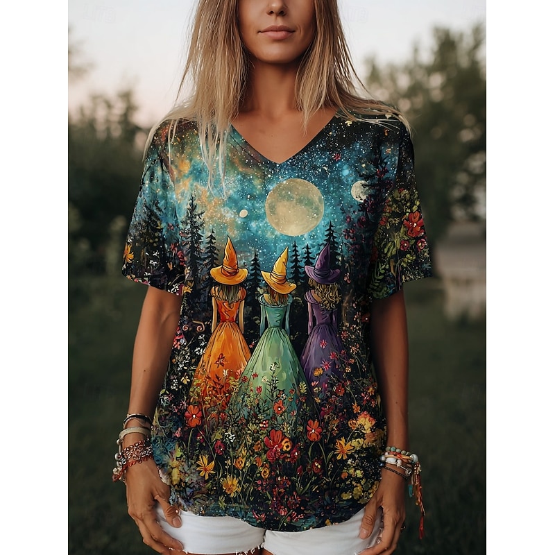 Halloween Women's T shirt Witch Floral Graphic Plants Stylish Casual Short Sleeve V Neck Regular Tops Daily Print Black Summer Spring
