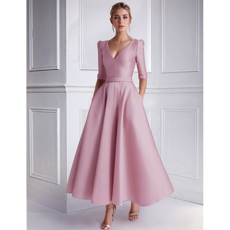 A-Line Wedding Guest Dress Cocktail Dresses Beach Wedding Elegant Dress Formal Wedding Guest Tea Length Half Sleeve V Neck Satin with Pocket Dresses3