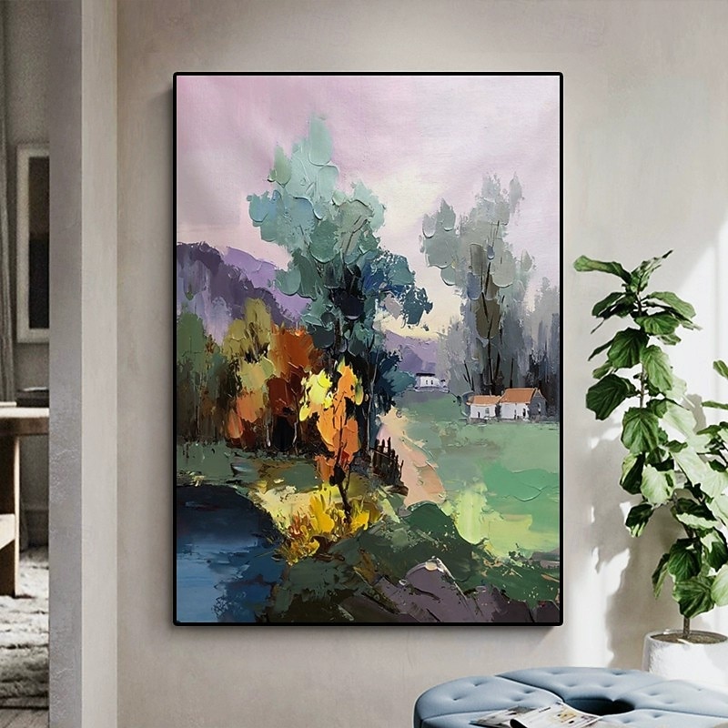 Handmade Oil Painting Canvas Wall Art Decoration Abstract Impression Village Rural Landscape for Home Decor Rolled Frameless Unstretched Painting