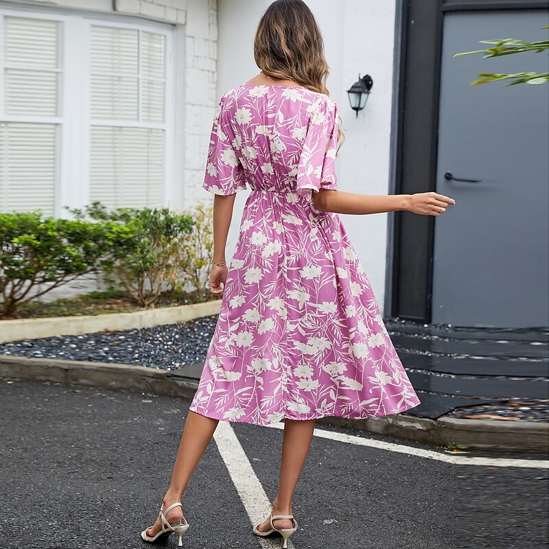 Women's Midi Dress A Line Dress Vacation Boho Beach Flare Cuff Sleeve Party Going out Beach Loose Fit Floral Graphic Short Sleeve V Neck Light Purple Summer Spring3