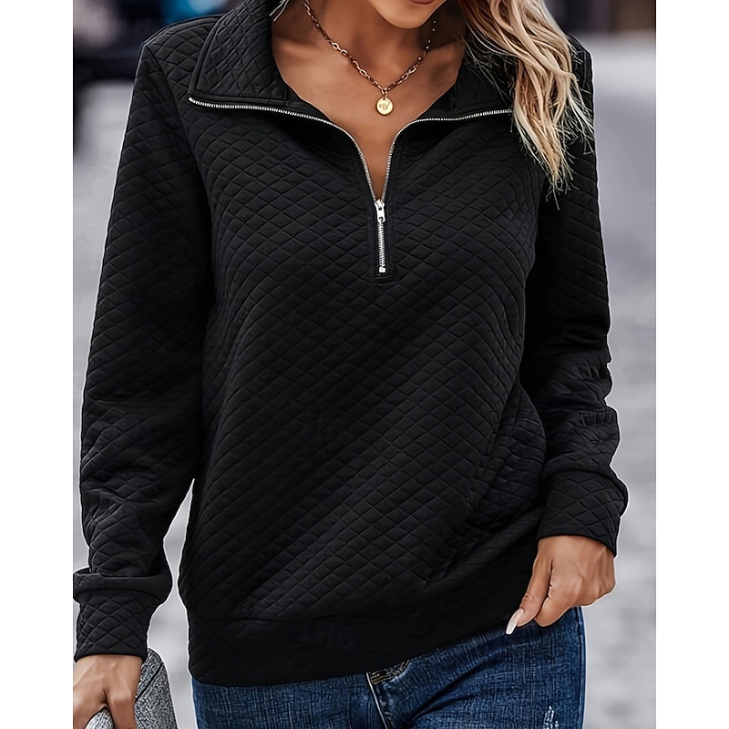 Women's Texture Sweatshirt Pullover Hoodie Sweatshirt Plain Streetwear Casual Comfy Long Sleeve V Neck Regular Tops Street Holiday Going out Half Zipper Quarter Zipper Quarter Zip Black Fall