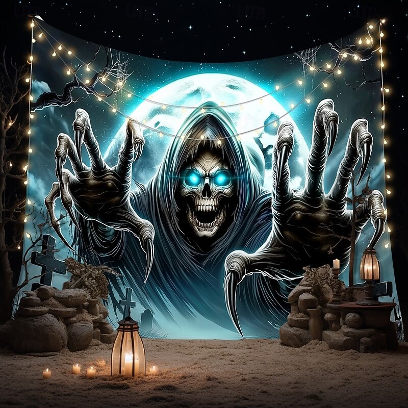Halloween Tapestry Wall Hanging – Grim Reaper, Creepy Cemetery Scene under Bright Full Moon, Scary Gothic Horror Wall Art for 2025 Halloween Decoration4