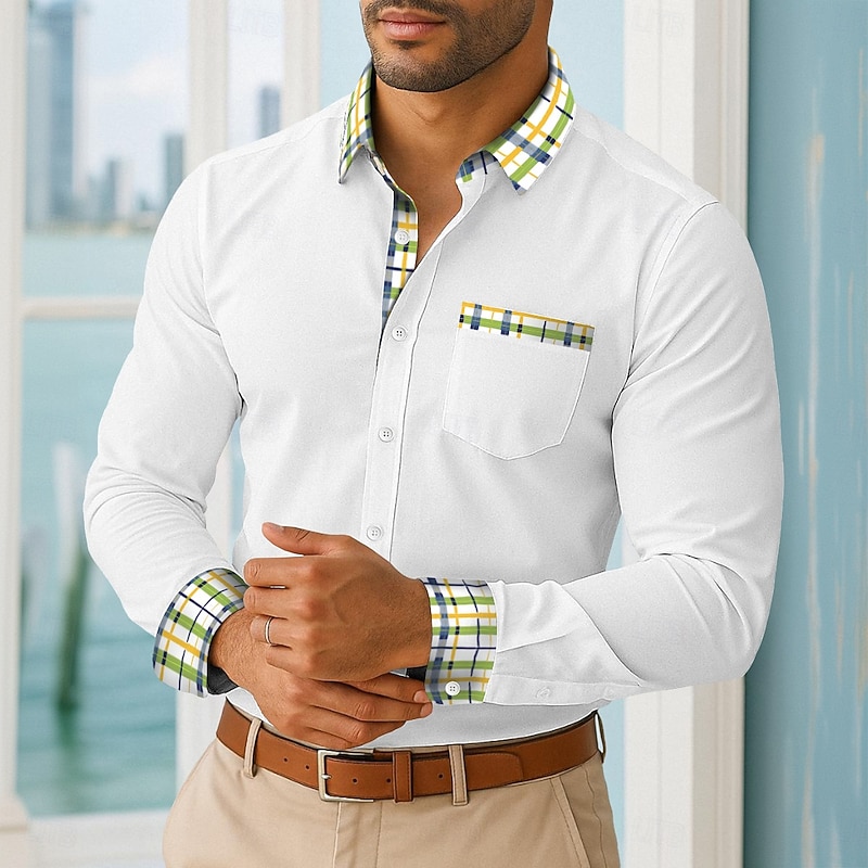 Men's Shirt Summer Shirt Casual Shirt Button Up Shirt Color Block Vacation Business White Yellow Navy Blue Green Long Sleeve Collar Spring &  Fall All Seasons Clothing Apparel Front Pocket4