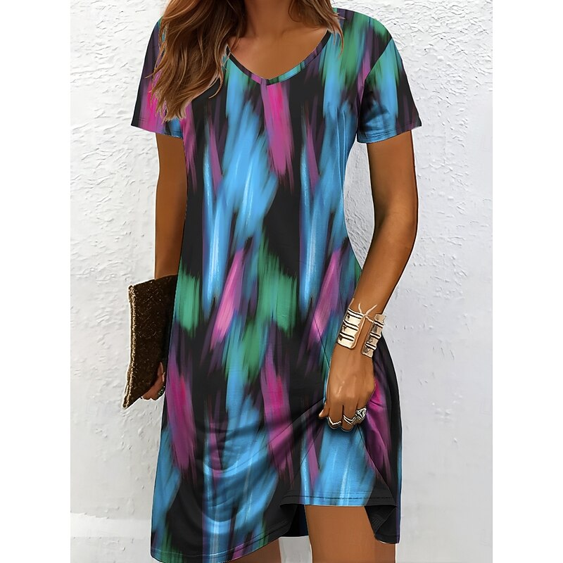 Women's Mini Dress Knit Dress Casual Dress T Shirt Dress Tee Dress Sundress Elegant Vacation Casual Beach Regular Fit Graphic Geometric Abstract Short Sleeve V Neck Black And White Yellow Pink Blue