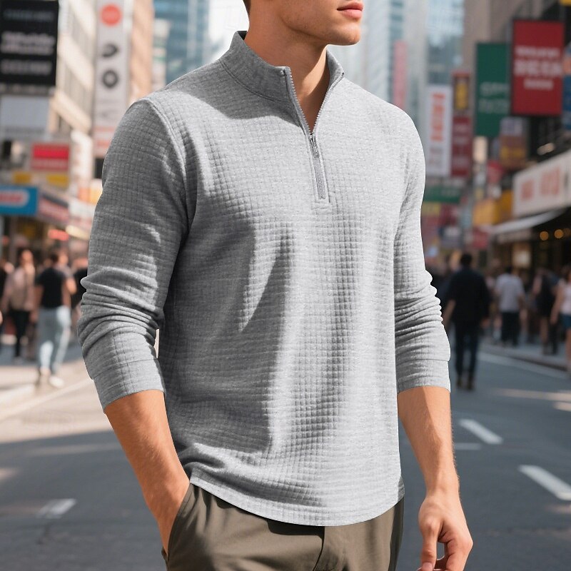 Men's Waffle Polo Shirts Polo Shirts Daily Wear Date Quarter Zip Long Sleeve Fashion Basic Plain Zipper Spring Fall Regular Fit Black White Wine Khaki Light Grey Army Green Waffle Polo Shirts3