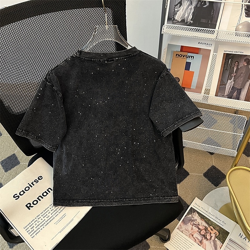 Women's Texture Blouse T Shirt Letter Fashion Modern Short Sleeve Crew Neck Regular Tops Daily Sequins Black Summer