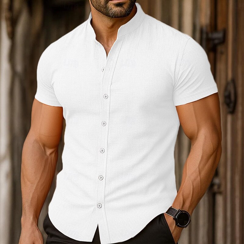 Men's Shirt Linen Shirt Summer Shirt Beach Wear Band Collar Shirt Button Up Shirt Plain Vacation Casual Black White Orange Gray Short Sleeve Mandarin Collar Summer Clothing Apparel2