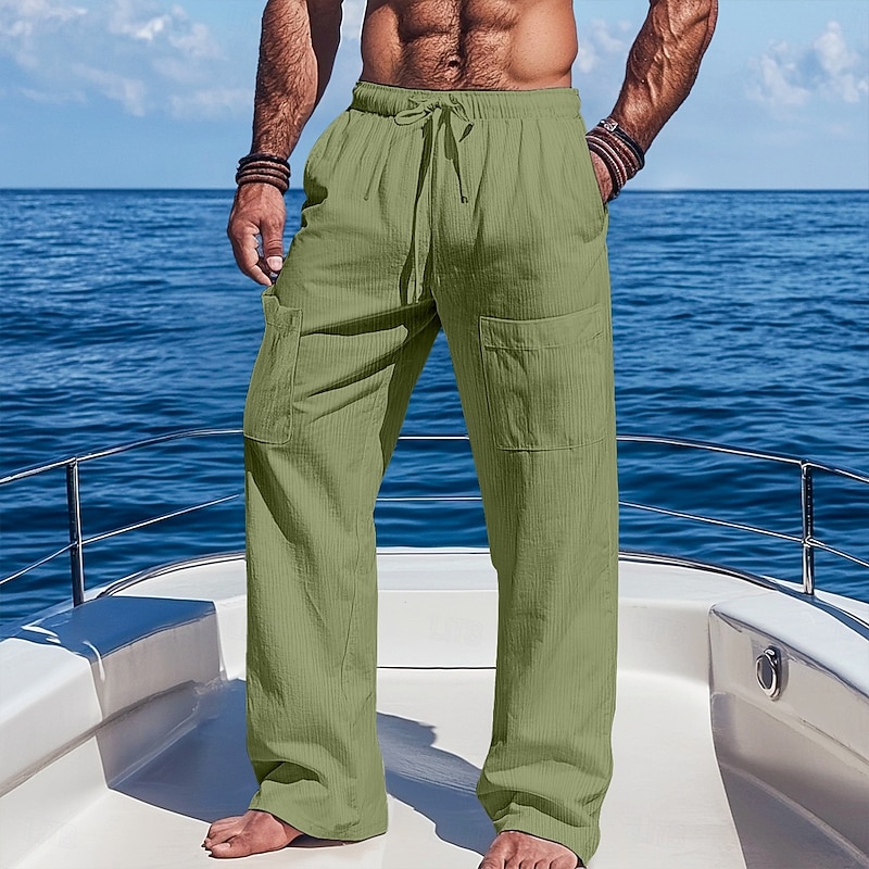 Men's Cargo Pants Linen Pants Trousers Summer Pants Baggy Pants Pocket Elastic Waist Drawstring Plain Comfort Breathable Full Length Casual Daily Holiday Vacation Fashion Black Green Inelastic4