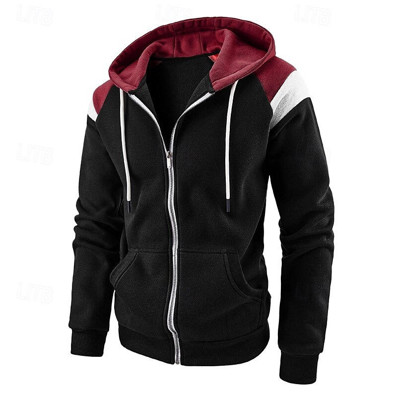 Men's Hoodie Full Zip Hoodie Black Red Navy Blue Khaki Dark Gray Hooded Color Block Patchwork Pocket Drawstring Sports & Outdoor Daily Holiday Polyester Streetwear Basic Casual Spring Fall Clothing