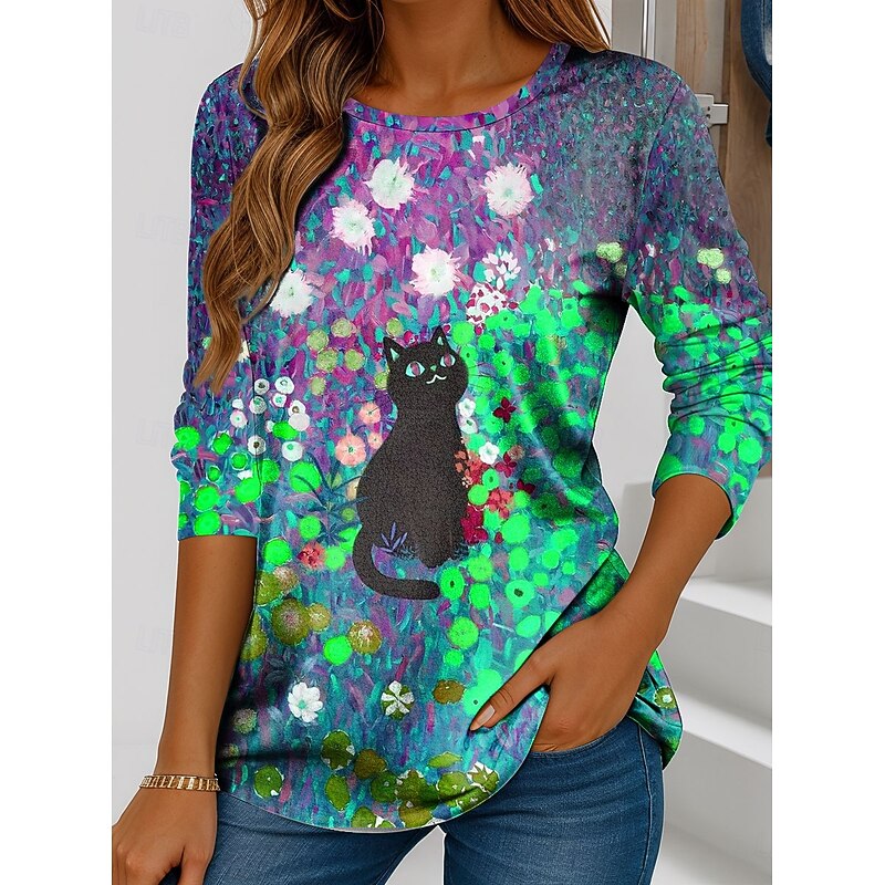 Women's T shirt Crew Neck Long Sleeve Tunic Floral Graphic Cat Vintage Stylish Classic  Regular Tops Daily Weekend Print Pink Orange Green Spring Fall3