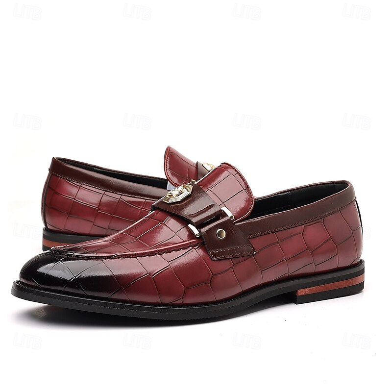 Men's Burgundy Crocodile Embossed Faux Leather Loafers – Decorative Metal Buckle Dress Shoes for Businessmen, Formal Events and Banquets3