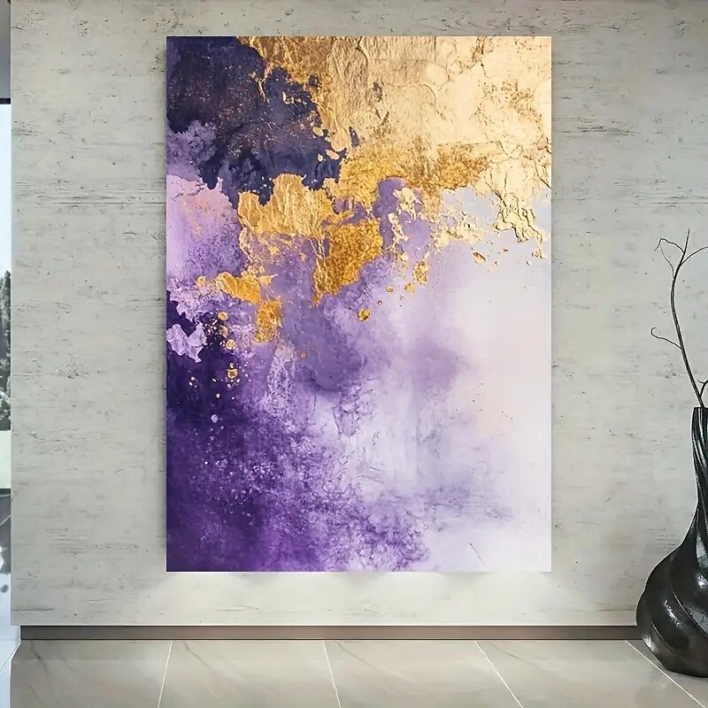 1pc Abstract Geometric Canvas Art Print Frameless Modern Mural Purple And Gold Crystal Paintings Large Posters For Living Room And Bedroom Decoration