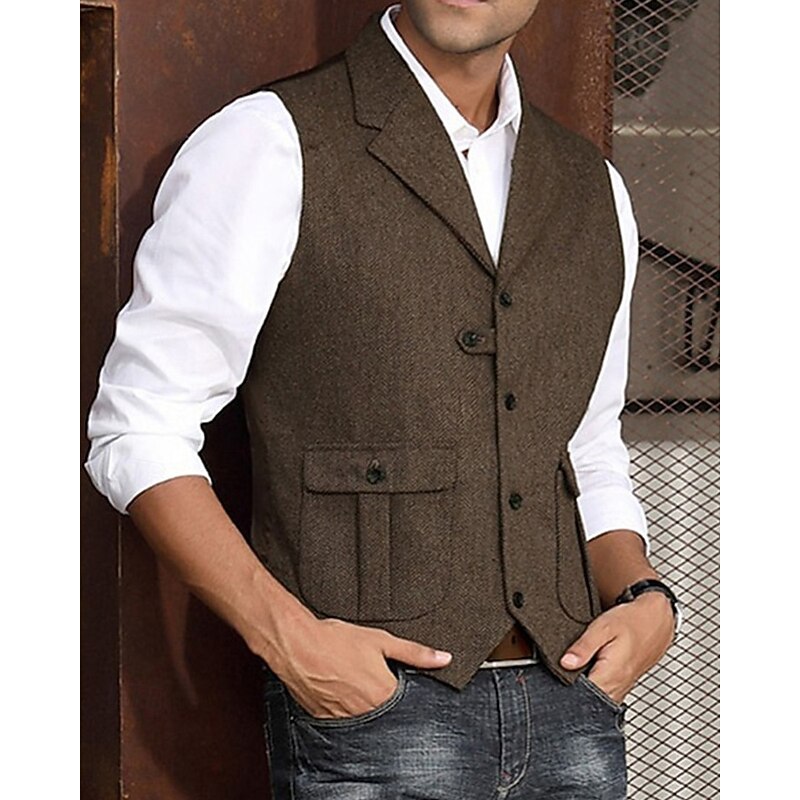 Men's Vest Waistcoat Gilet Vacation Party Business Fashion Casual Summer Spring Pocket Buttons Polyester Comfortable Plain Single Breasted One-button Lapel Regular Fit Navy Blue Dark Green Coffee Gray