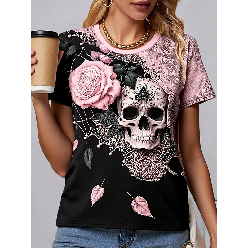 Halloween Women's T Shirt Skulls Floral Graphic Vintage Stylish Classic Short Sleeve Crew Neck Regular Tops Daily Weekend Print Pink Purple Gray Summer Spring Fall