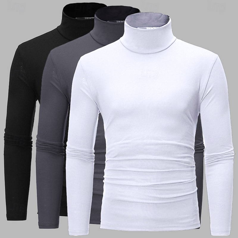 3 Pack Men's T Shirt Turtleneck shirt Long Sleeve Shirt Long Sleeve Rolled collar Fall Fall & Winter Plain Lightweight Basic Classic 3-Piece Outdoor Casual Sports white black blue Top Tee for Men3