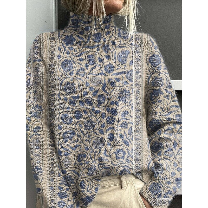 Women's Sweater Casual Soft Paisley Ribbed Turtleneck Knitted Print Long Sleeve Regular Tops Knit Outdoor Daily Weekend Blue Khaki Fall Winter2