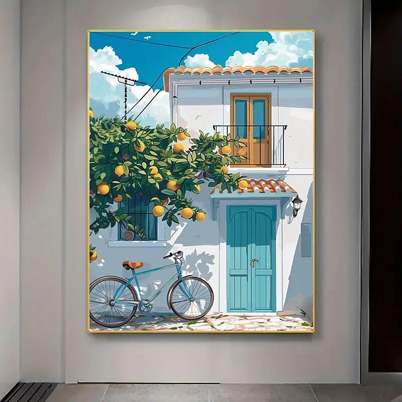 1 Vibrant Mediterranean Lemon Tree And White House Canvas Art Piece Suitable For Living Rooms Bedrooms And Home Offices  Inviting Street Views With Blue Bicycles And Glowing Windows Home Decor