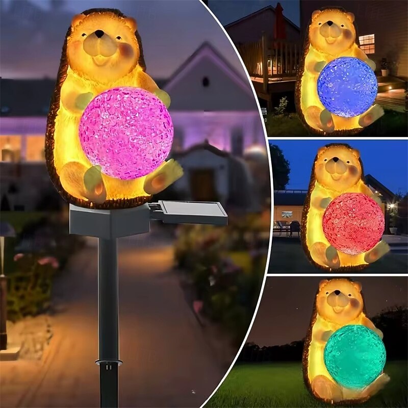 Solar Energy Hedgehog Garden Light Lantern Landscape Lighting Colors Changing Hedgehog with Ball Ornament for Garden Decoration  1PC