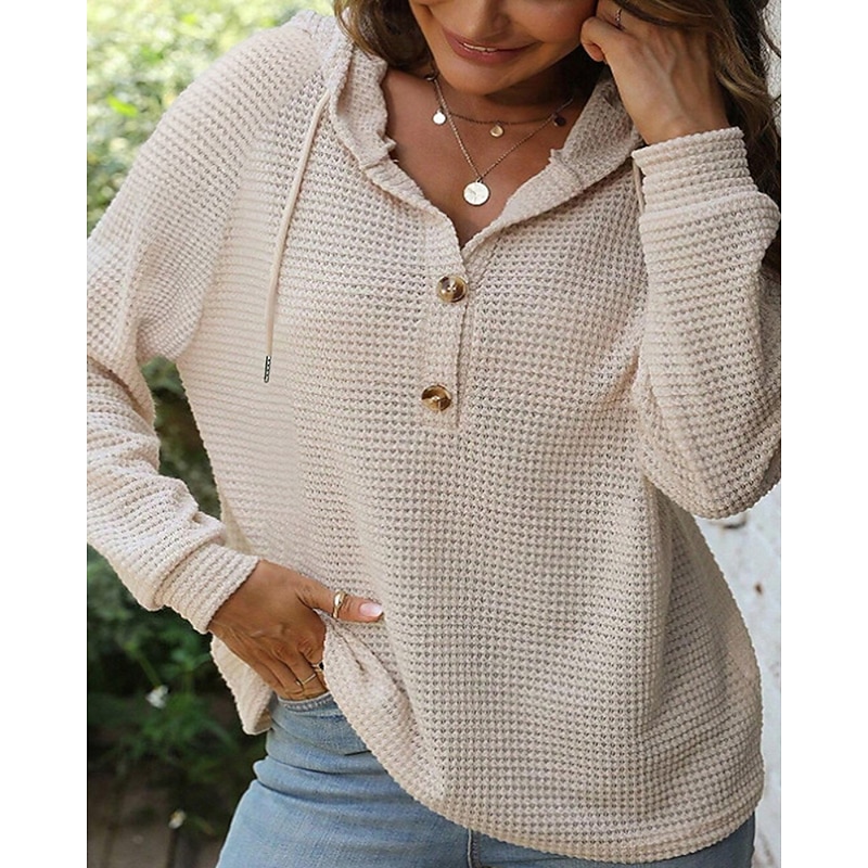 Women's Sweater Casual Solid Color Ribbed Hooded Buttons Knitted Long Sleeve Regular Tops Knit Daily Going out Weekend Black White Fall