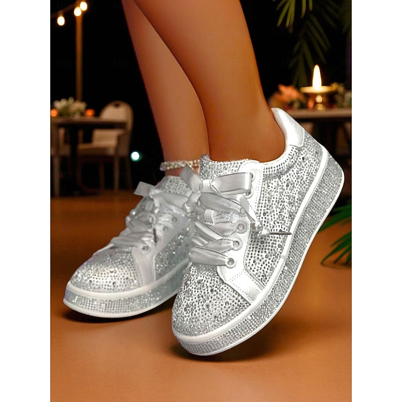 Women's Sparkly Rhinestone Lace-Up Sneakers - Glamorous Casual Party Shoes for Nightlife, Clubbing and Evening Events