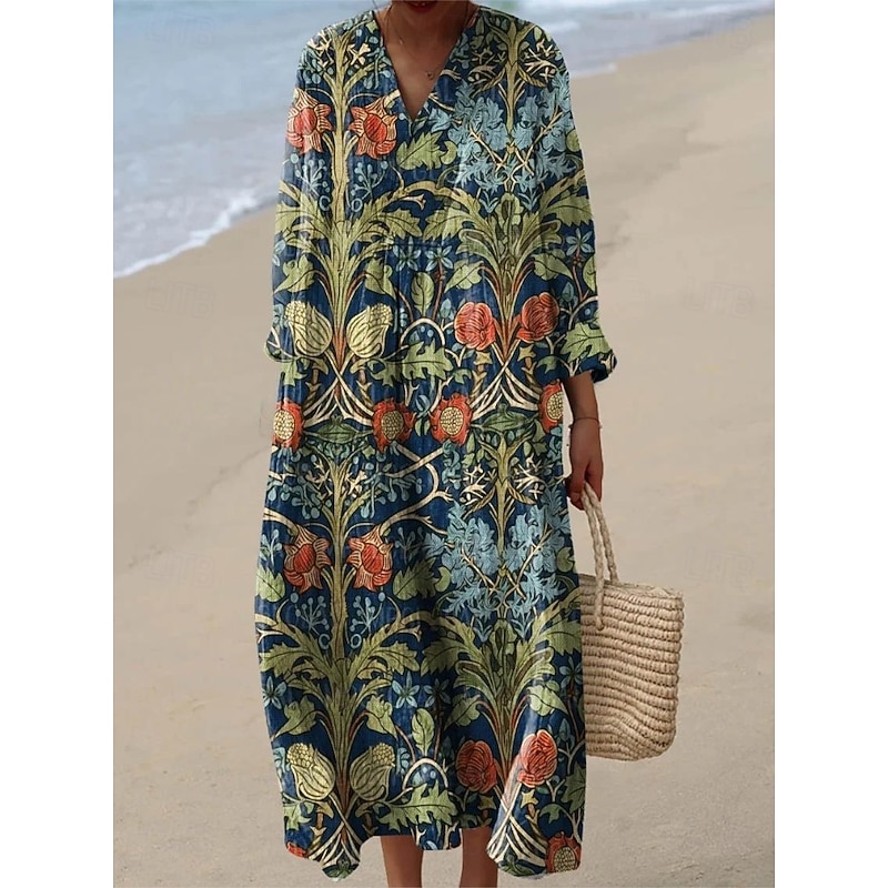 Women's Midi Dress V Neck Long Sleeve Kaftan Lightweight Loose Fit A Line Dress Casual Going out Loose Fit Floral Graphic Paisley Long Sleeve V Neck Navy Pink Red Blue Fall4
