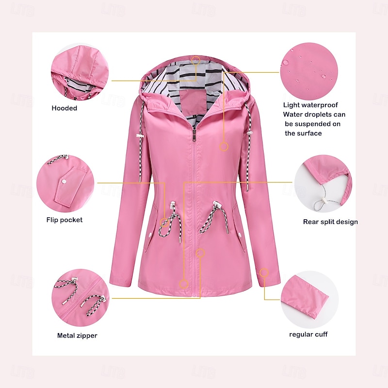 Women's Coat Waterproof Comfortable Pocket Full Zip Drawstring Fashion Street Style Plain Outdoor Casual Daily Long Hooded Regular Fit Long Sleeve Outerwear Black Yellow Pink Fall Winter2
