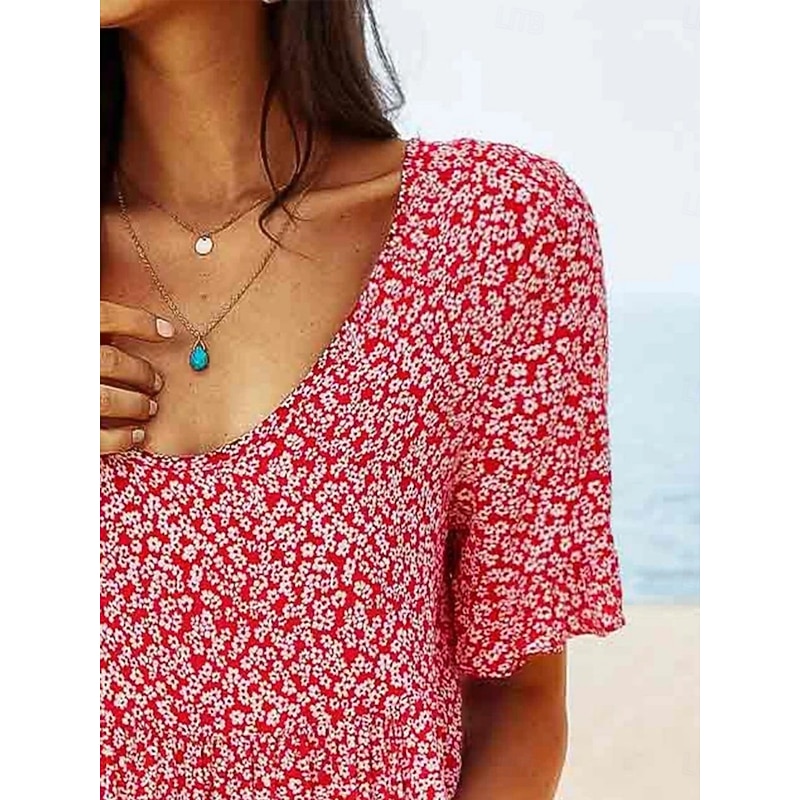 Women's Mini Dress Fit And Flare Dress Casual Outdoor Going out Regular Fit Floral Short Sleeve Crewneck Light Blue Yellow Red Dark Blue Summer Spring4