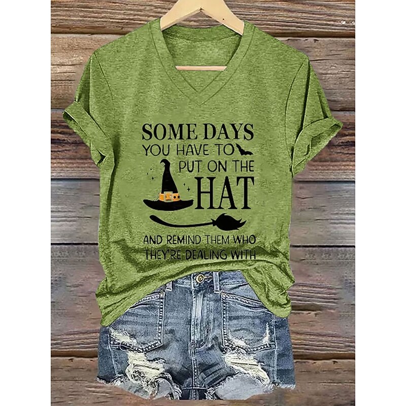 Halloween Women's T shirt Witch Graphic Letter Vintage Stylish Classic Short Sleeve V Neck Regular Tops Daily Print White Purple Orange Green Spring Fall