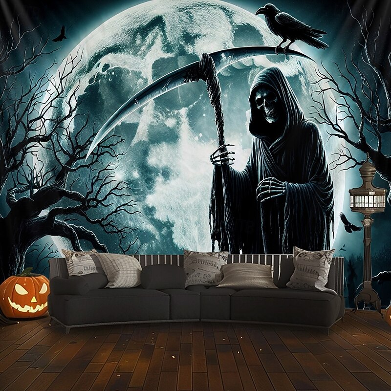 Halloween Hanging Tapestry Death under the Moon Photograph Backdrop Jack O Lantern Wall Art Large Tapestry Mural Decor Blanket Curtain Home Bedroom Living Room Decoration Death Selfie